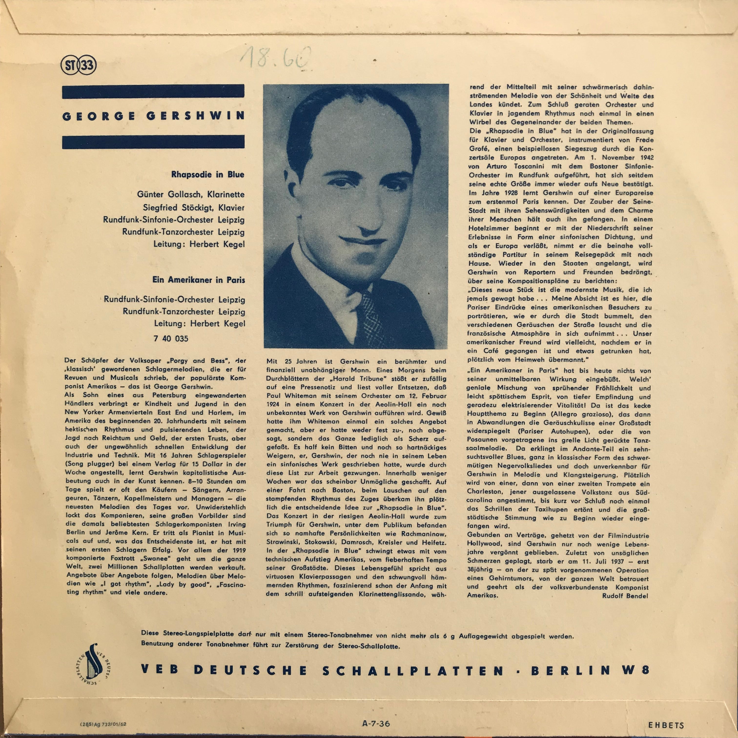 Rhapsodie in Blue, Ein Amerikaner in Paris - George Gershwin (10 Inch)