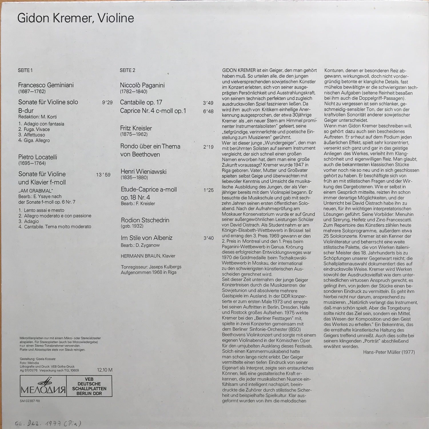 Gidon Kremer; Geminiani Locatelli Paganini Kreisler Wieniawski Stschedrin (LP)