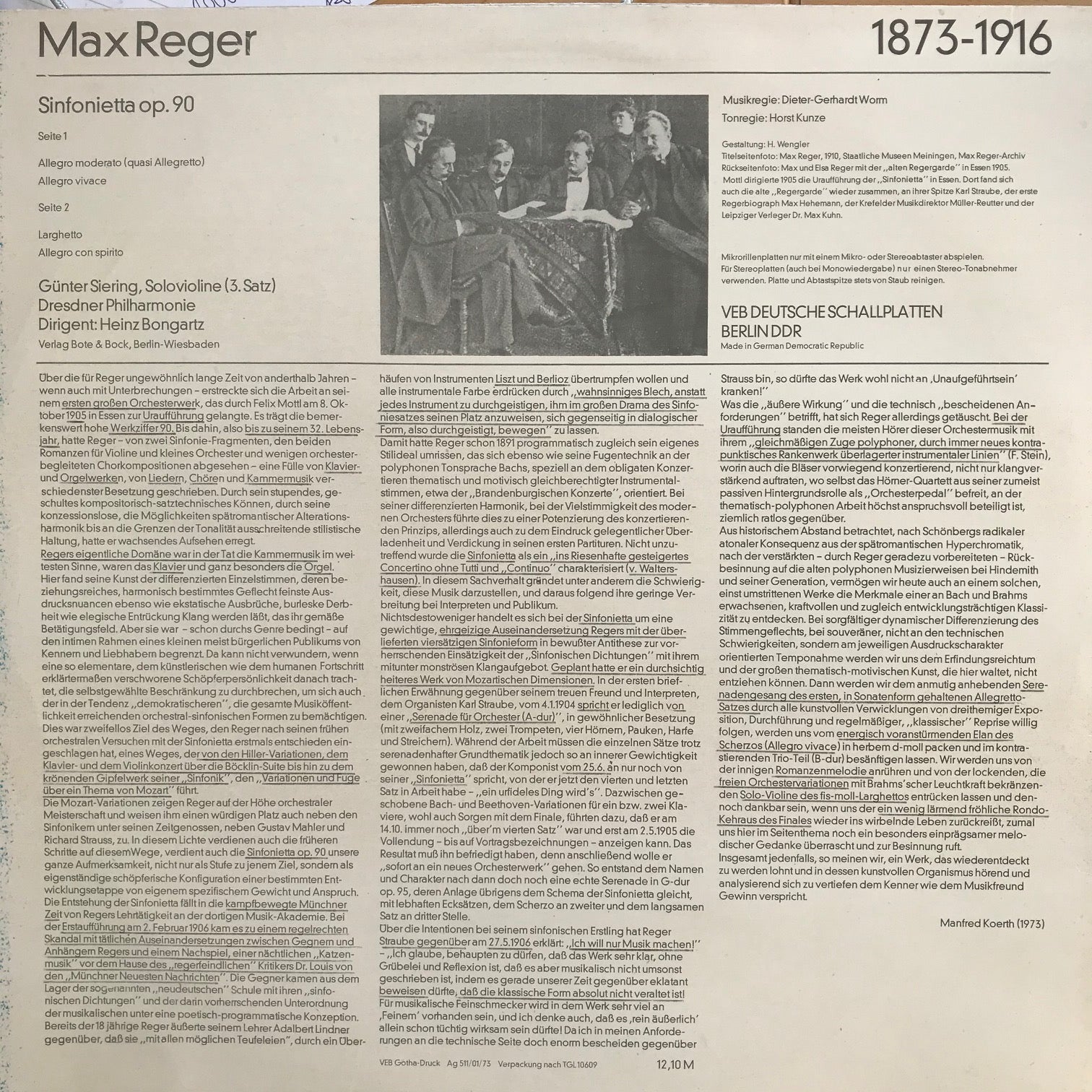 Max Reger; Sinfonietta op. 90 Vinyl Klassik Eterna 