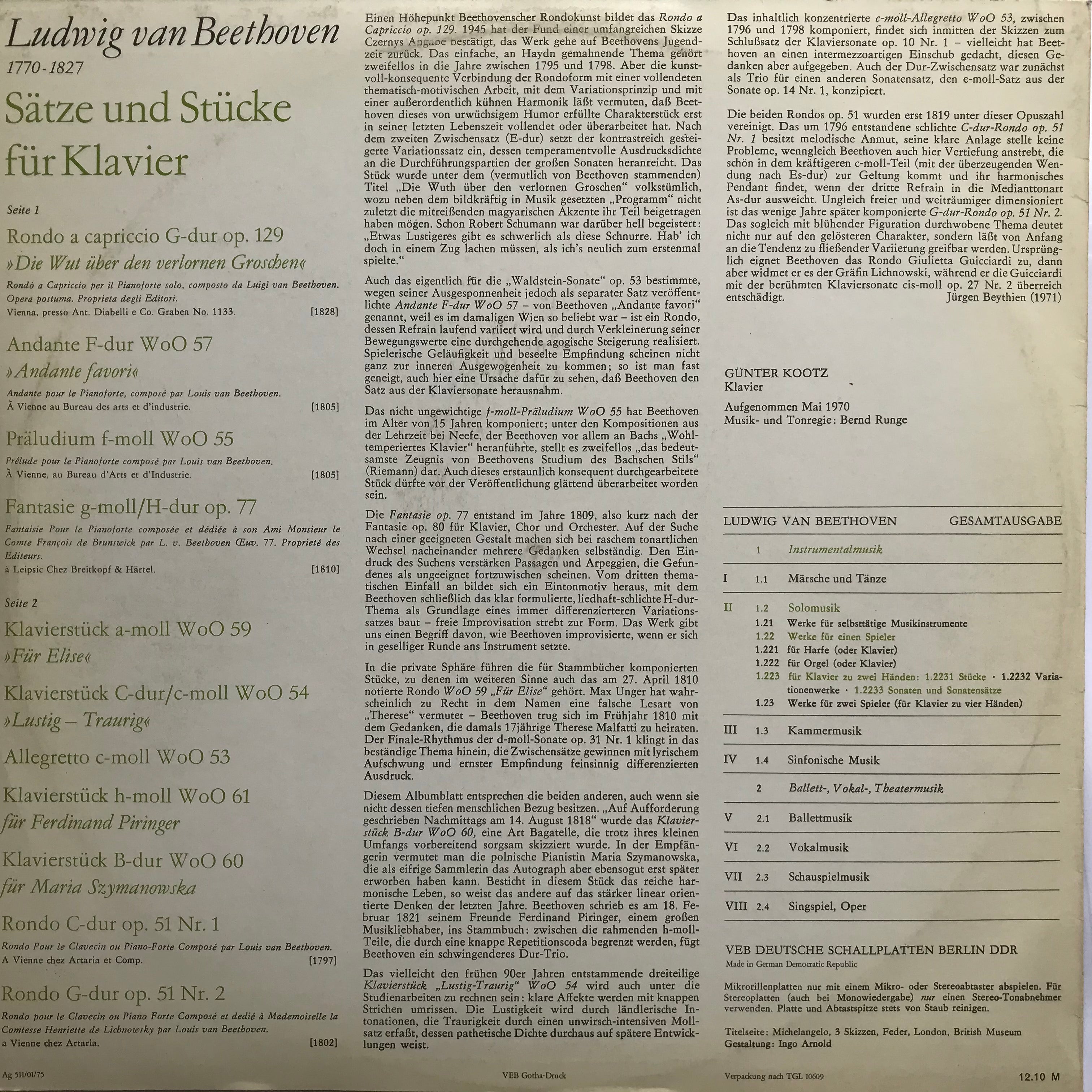 Ludwig van Beethoven, Sätze und Stücke für Klavier, Günter Kootz
